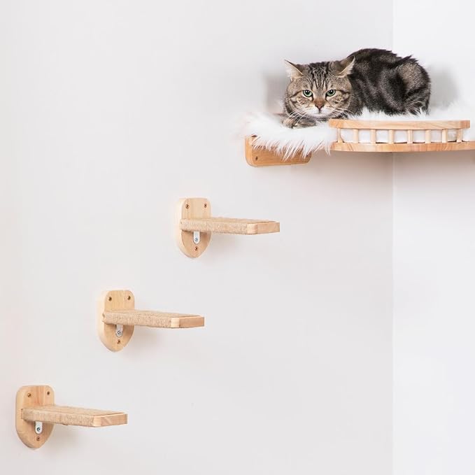 3pcs Cat Wall Steps, Cat Climbing Wall Mounted Cat Furniture, Cat Wall Shelves Cat Steps for Wall with Hemp Rope Covered, Solid Wood Cat Ladder for Cats Playing and Climbing (Standard-Wood)
