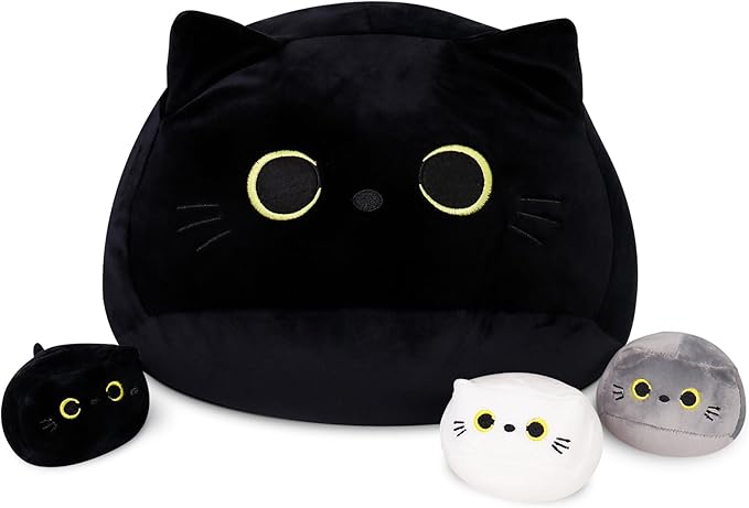 4PCs Black Cat Plush Toy 16'' Black Cat Pillow with 3 Babies, 3D Black Cat Plushies Pillow Baby Cute Plush Toys Shape Cat Design Sofa Fat Pillow Gifts for Boys Girls