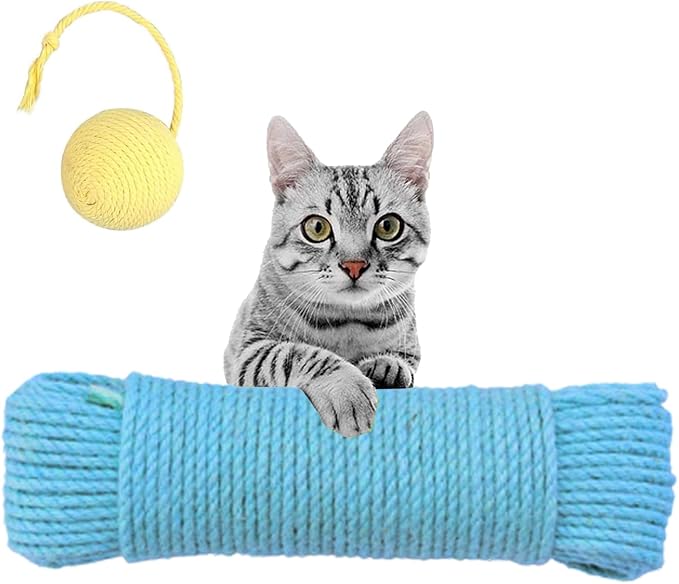 Multicolor Natural Cat Scratch Post Replacement Rope, Repair and Replace Scratching Post, 1/4" Rope Cat Scratch Post DIY Jute Twine with a Play Ball,for Scratching Post Tree Replacement. (Blue, 65FT)
