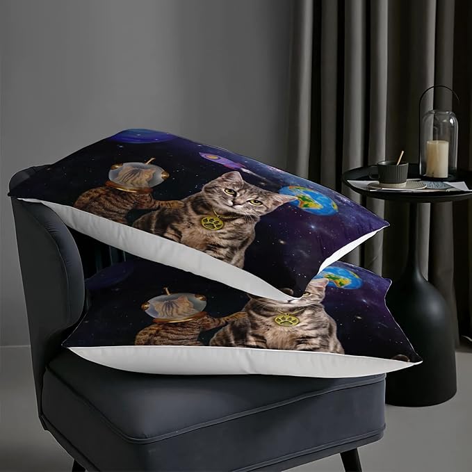 AILONEN Beige Cat Bedding Set Queen Size with Wearing Space Suit Cat Galaxy Planet Comforter Set for Kids Boys Girls,Rocket Starry Soft Breathable Duvet Set 3 Pieces, 1 Quilt and 2 Pillowcases