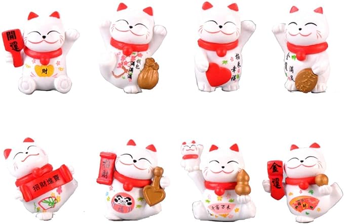 8 Pcs Cute Miniature Lucky Cat Figure Animal Cat Characters Toys Mini Figure Collection Playset, Cake Topper, Plant, Automobile Decoration, Landscape Scenes