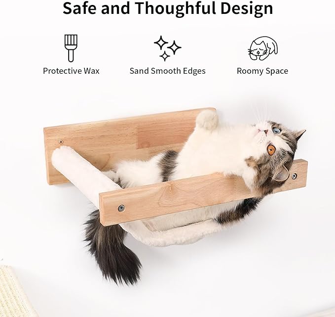 FUKUMARU Cat Hammock Wall Mounted, Kitty Beds and Perches, Wooden Cat Wall Furniture, Stable Cat Wall Shelves for Sleeping, Playing, Climbing, and Lounging, White Flannel Cat Shelves