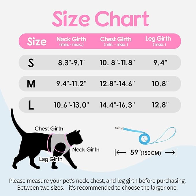 Dooradar Cat Harness and Leash Set, Escape Proof Lightweight Kitten Harness, Soft Breathable Reflective Vest for Outdoor Walking Traveling, Adjustable for Medium Cats, Pink & Blue, M