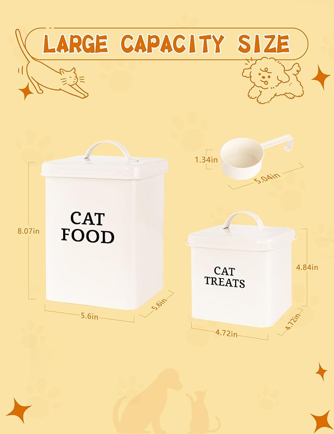 2 Packs Cat Food Storage Containers, Metal Cat Food and Treats Containers With Lid & Scoop, Farmhouse Pet Food Storage Containers, Cream