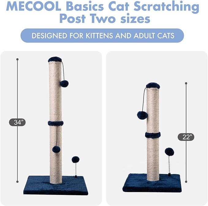MECOOL 34“ Tall Cat Scratching Post Premium Basics Kitten Scratcher Sisal Scratch Posts Trees with Hanging Ball for Indoor Cats (34 inches for Adult Cats, Navy)