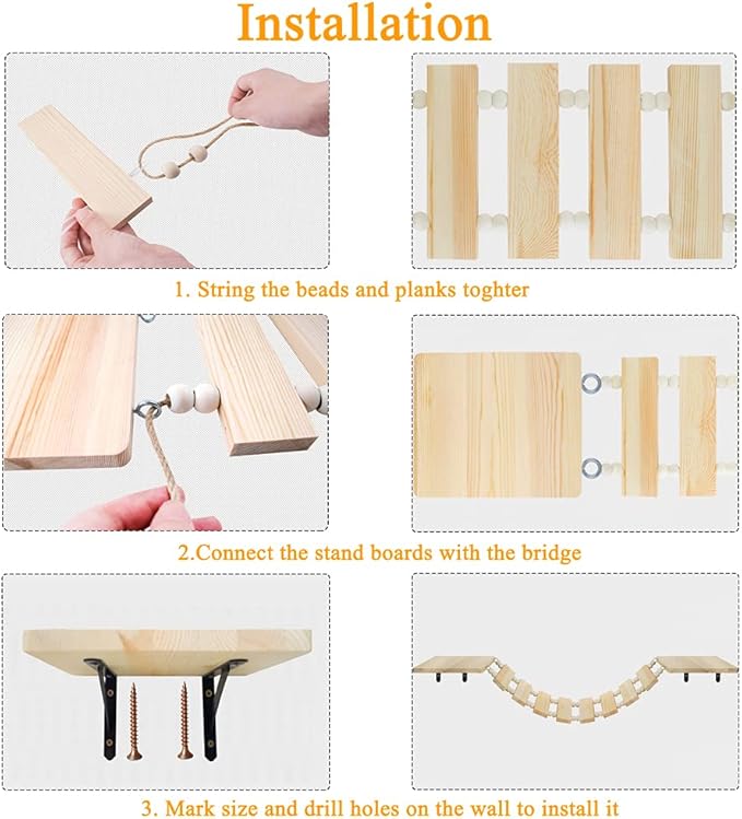 Wooden Cat Wall Steps Handcrafted Wall Mount Cat Perch Climber Tree Shelf Cat Bridge Ladder Kitten Platform Board Climbing Stairs for Wall Mounting Cat Tree Activity Center Pet Play Furniture