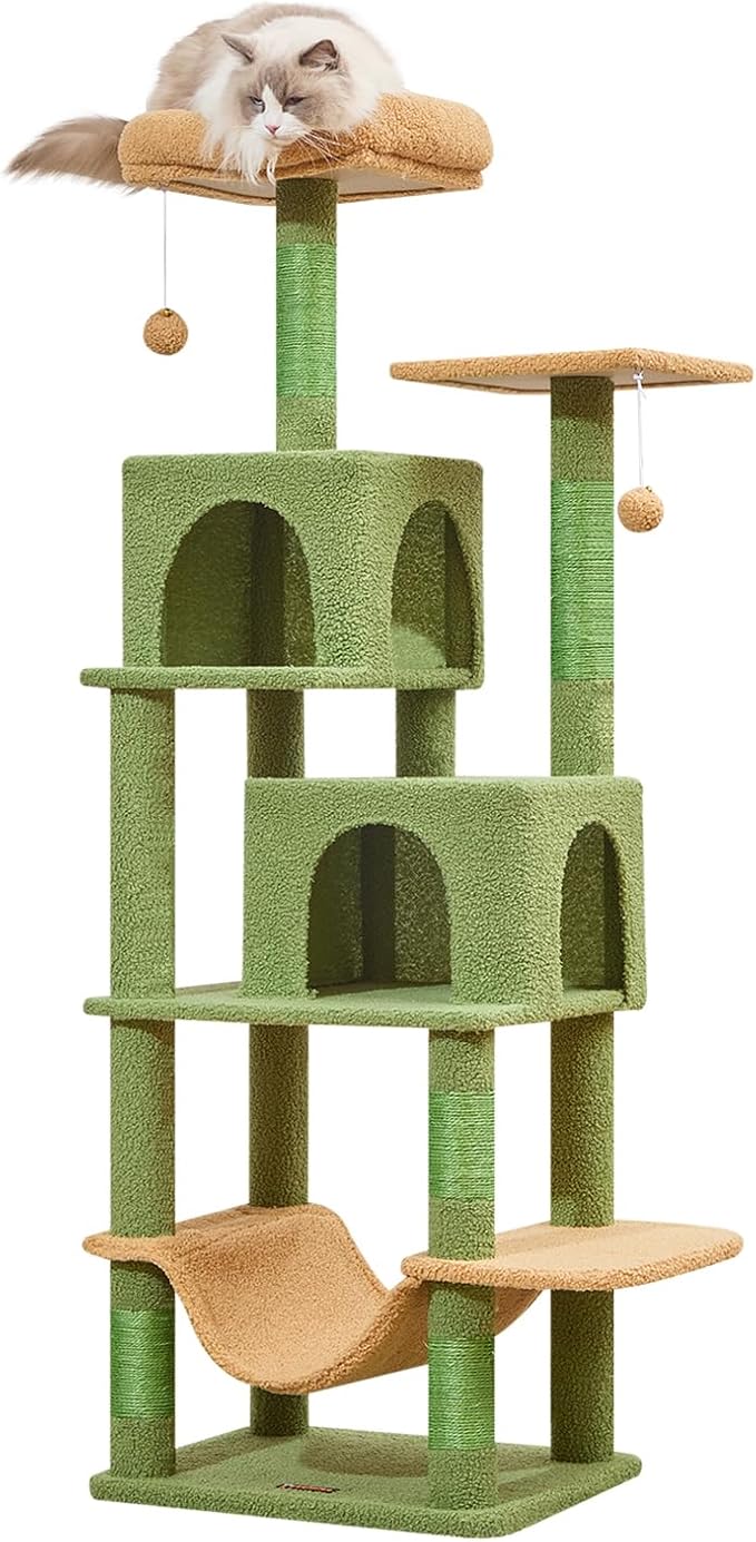 Taoqimiao Cat Tree, 61-Inch Cat Tower for Indoor Cats, Plush Multi-Level Cat Condo with 5 Scratching Posts, 2 Perches, 2 Caves, Hammock, 2 Pompoms, MS013ST Cactus