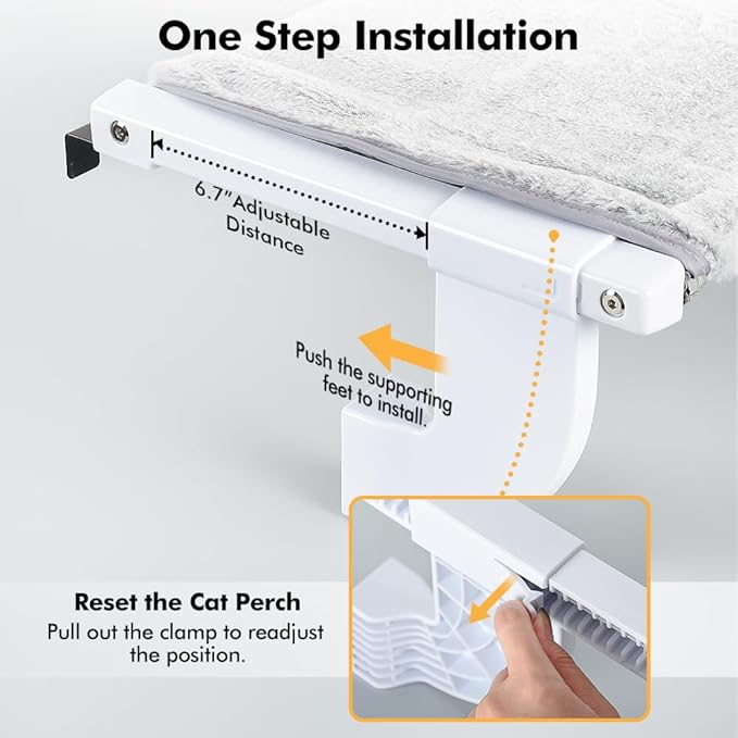 Window Sill Mount Cat Perch for Indoor Cats, One-Step Sliding Clamping Slot Adjustment Cat Hammock with Removable Two Fabrics Cover, No Suction Cups Cat Bed for Windowsill & Bedside (Medium)
