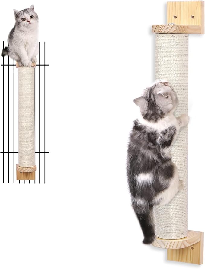 Wall Mounted Cat Scratching Post - 21'' Wooden Sisal Cat Scratcher,Hemp Rope Scratcher Posts for Indoor Cats or Kittens- Cute Modern Wall Mounted Cat Furniture
