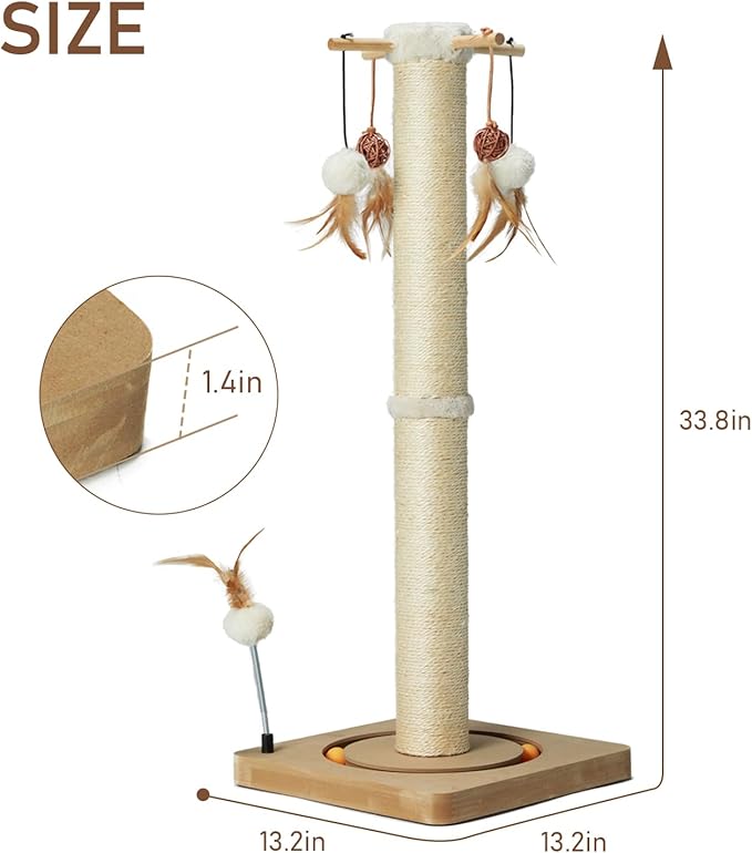 PEEKAB Cat Scratching Post 33 Inches Tall Large Sisal Scratch Post with Track Ball Toys for Indoor Cats and Kittens,Cat Scratcher Toy Beige