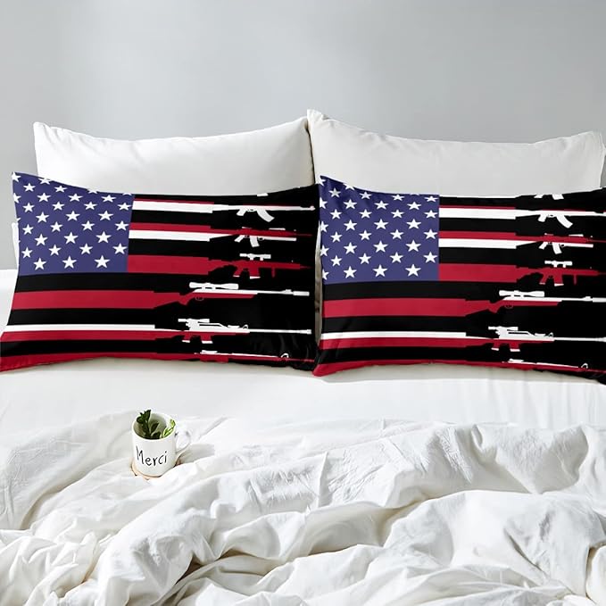 American Flag Comforter Set Queen,Army Guns Military Bedding Set for Kids Boys Teens Man,Red Blue Stars Stripe USA Flag Bedding Comforter Soldier Rifle Quilt Duvet Set 2 Pillow Cases Bedroom Decor