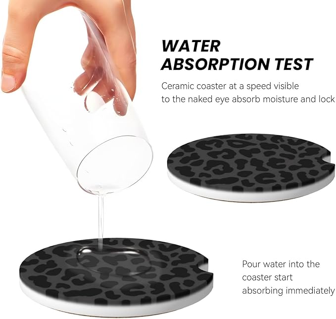 Absorbent Ceramic Car Coasters for Cup Holders, Black Leopard Cheetah Print Design 2.56" Anti Slip Universal Drink Cup Coasters for Women Men (2 Pack)