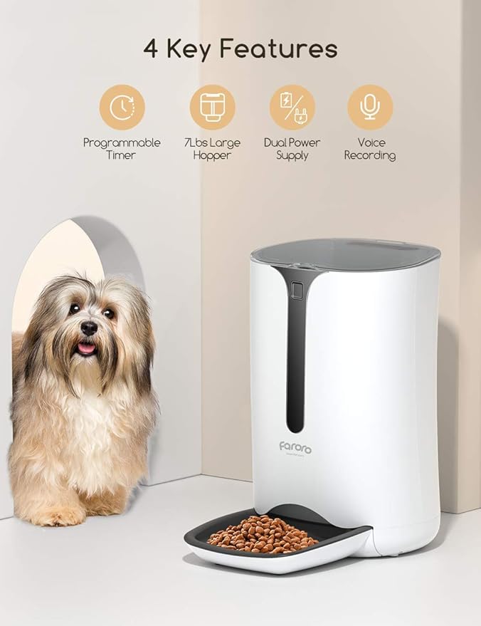 Automatic Cat Feeder, Faroro Dog Food Dispenser for Small Pets with Distribution Alarms, Portion Control, Voice Recorder and Programmable Timer for up to 4 Meals per Day