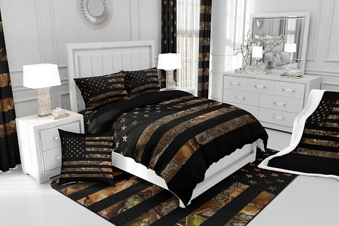 American Flag Camo Comforter Set Full,Military Hunting Bedding Set Rustic Trees Leaves Camouflage Comforter for Boys Teens Kids Man Bedroom Nature Conifer Oak Branches Bedding Quilt Set 3 Pcs