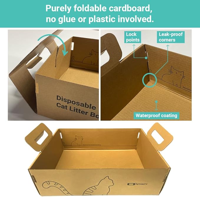 3-Pack Disposable Litter Boxes for Cats, Recycled Cardboard Cat Litter Box, Waterproof, Leakproof, Foldable, Portable for Travel(17.2'' x 12.2'' x 5.3'')