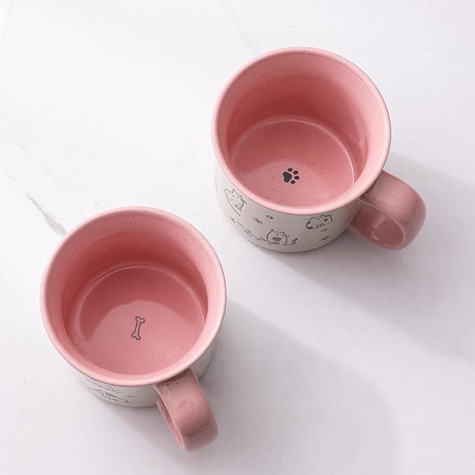 AmorArc 22 OZ Large Ceramic Coffee Mugs Set of 2, Oversized Mugs With Big Handle for Men Women Dad Mom, Big Mug With Textured Dogs Cats Patterns for Office & Home -Microwave Safe, 2 Pcs-Pink