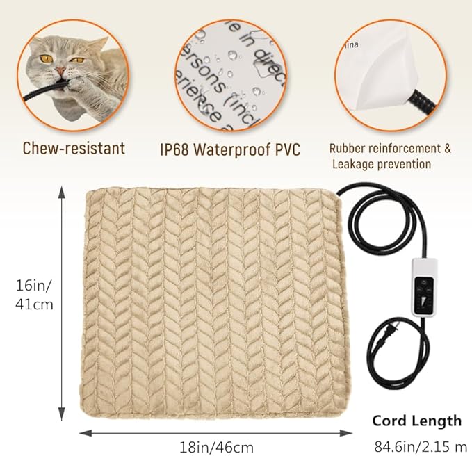 Heeyoo Pet Heating Pad, Adjustable Temperature Dog Cat Heating Pad with Timer, Waterproof Heated Dog Bed with Chew Resistant Cord, Auto Power-Off Indoor Pet Heated Mat for Dogs and Cats