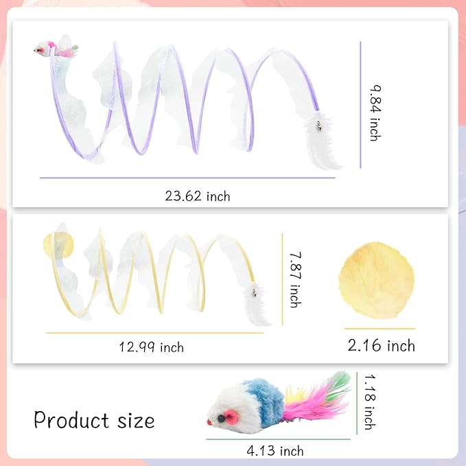 Andiker Folded Cat Tunnel Spring Toy, 10inch Spiral Cat Tunnels Toy with White Feather&Plush Mice&Bell 3 in 1 Folded Cat Tubes Interactive Cat Toys for Indoor Cats to Exercise, Relax (Blue, S)