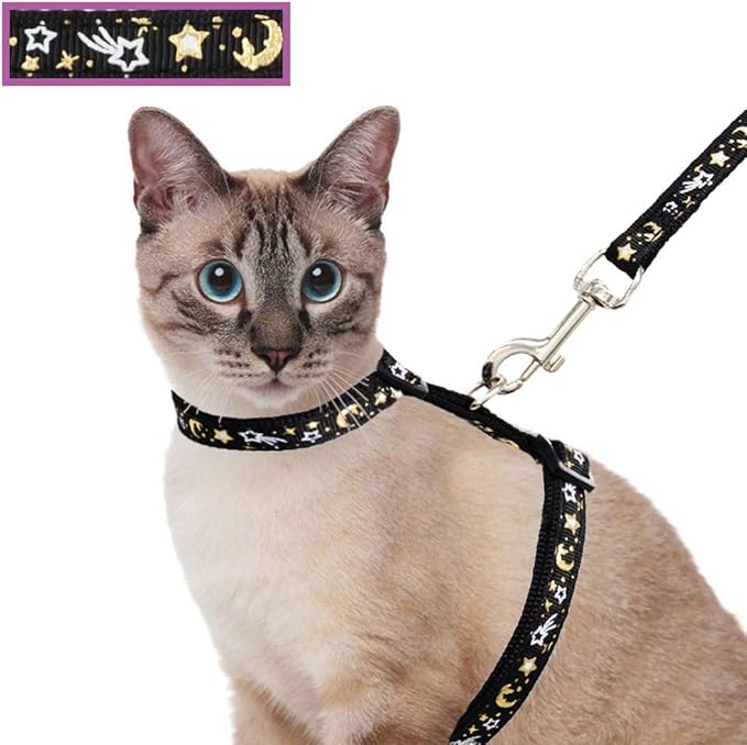Cat Harness and Leash Set for Outdoor Walking Escape Proof Adjustable Soft Safety Strap with Golden Star and Moon Design Glow in The Dark Black Medium