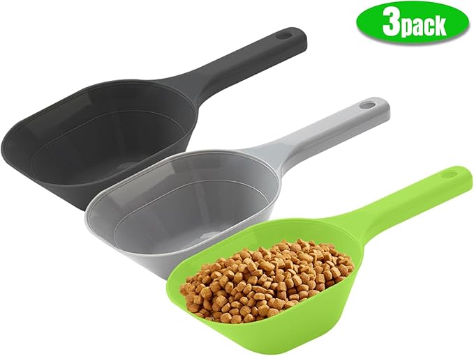 3PCS Dog Food Scoop, 1 Cup Plastic Pet Food Scoop with Measuring Lines 1/2 Cup and 1 Cup for Dogs, Cats, Birds and Rabbits (Green,Grey and Black)