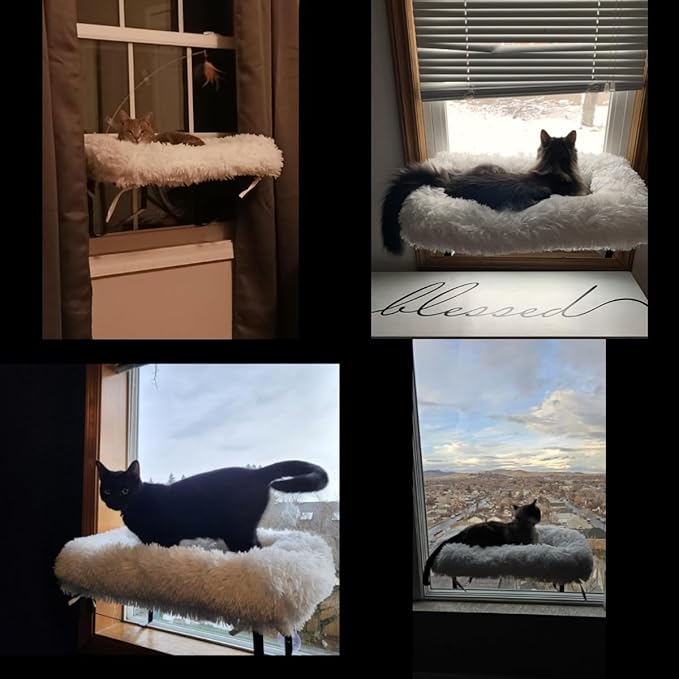 Cat Window Perch, Large Cats Window Hammock Bed Metal Shelf Perch Seat with Thermal Blankets & 6 Strong Suction Cups as Cat Wall Furniture Tree Accessories for Inside Sunbathing Napping Overlooking