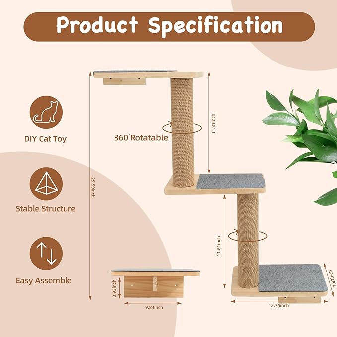 Cat Wall Shelves 3-in-1: Wall-Mounted Cat Ladder, Cat Steps, Cat Stairs, Scratching Post, Jumping Platform, Cat Tree, and Perch for Climbing & Napping – Ideal for Active Cats