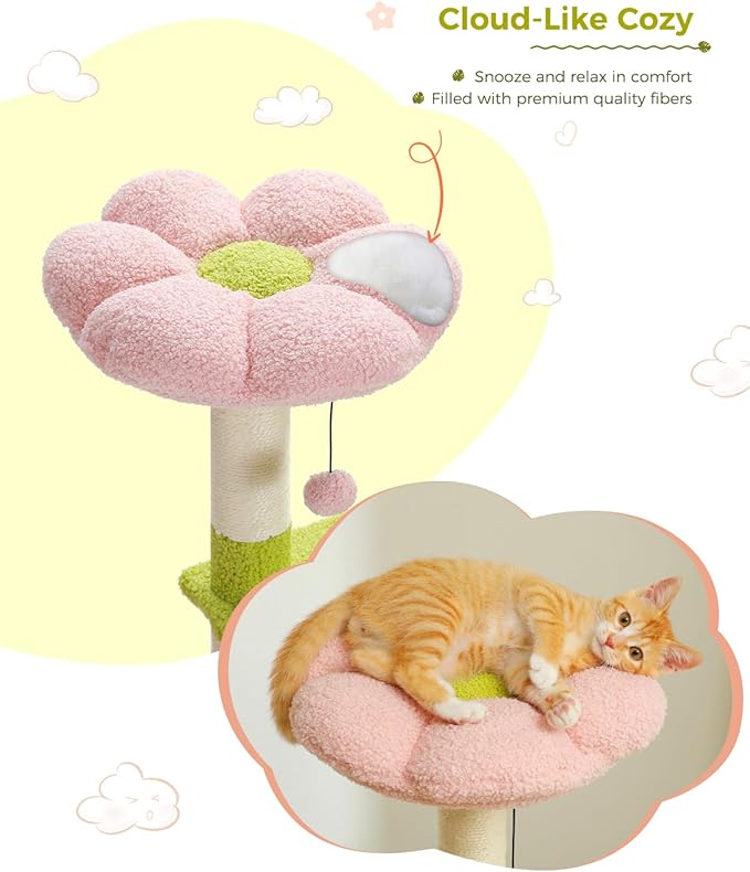 Flower Cat Tree 47.2" Multi-Level Cat Tower with Sisal Covered Scratching Posts, Cute Cat Condo for Indoor Small Medium Cats, Pink Top Perch, Ramp, Fluffy Ball, Pink