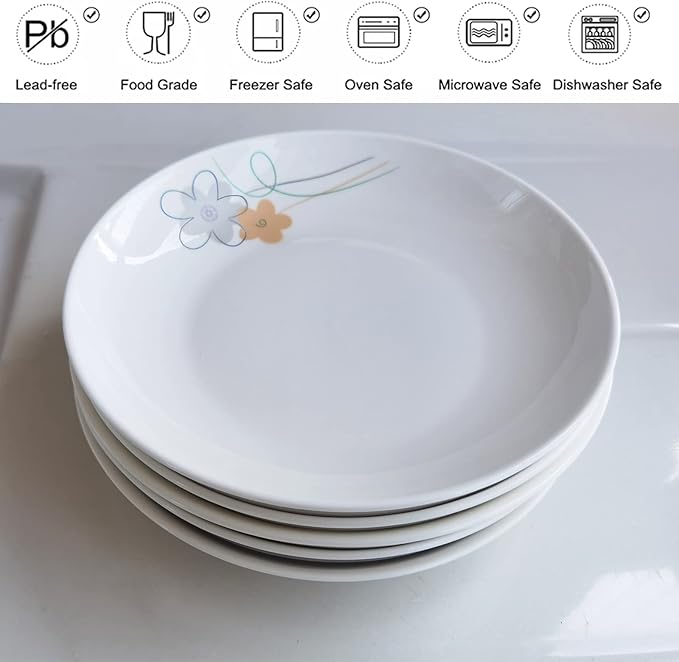 5 Pack Porcelain Plates with Yellow Flower Pattern, 7 inch Large Dessert Salad Ceramic Dinner Plates, Ceramic Dessert Dishes for Steak, Pasta, Pizza, Appetizer ( Dishwasher Safe & Microwave Safe)