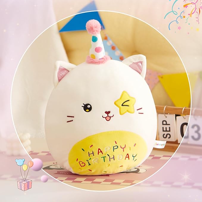 16" Birthday Cat Plush Pillow Stuffed Animals Original Wink Kitty Kitten Large Plushie Cuddle Squishy Happy Birthday Gift for Kids Boys Girls