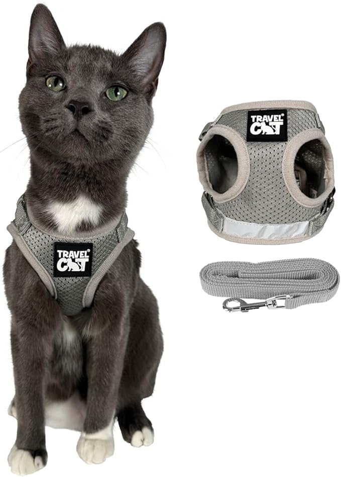 Travel Cat Harness and Leash Set - Adjustable Fit Mesh Cat Harness and Reflective Strap - Comfort Escape Proof Harness for Cats, Kitten for Outdoor Walking, Hiking (Extra Small, Grey)