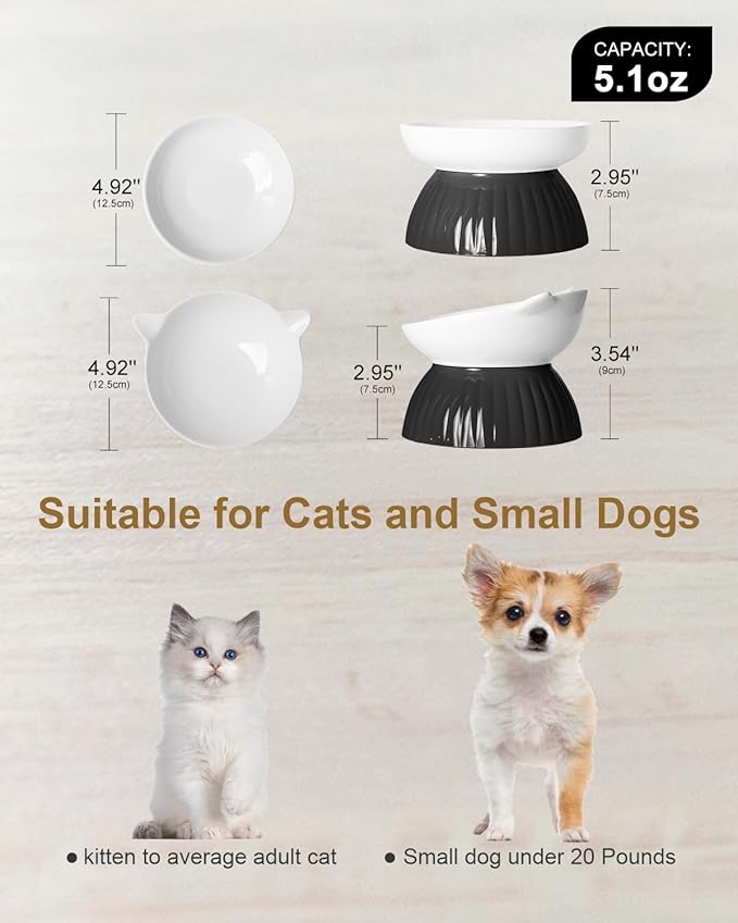 2 Ceramic Raised Cat Food Bowls, Elevated Cat Food and Water Bowl Set, Pet Bowl for Indoor Cats and Small Dogs, Anti-Vomiting Cat Dog Feeder with Plastic Base, Dishwasher Safe, Black…