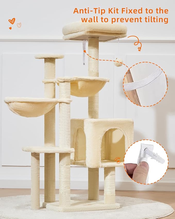 Taoqimiao Cat Tree, 48-Inch Cat Tower for Kittens, Cat Tree Tower with 5 Scratching Posts, Plush Cat Condo with Plush Perch, 2 Hammock, Pompoms, Light Gray MS019L-M