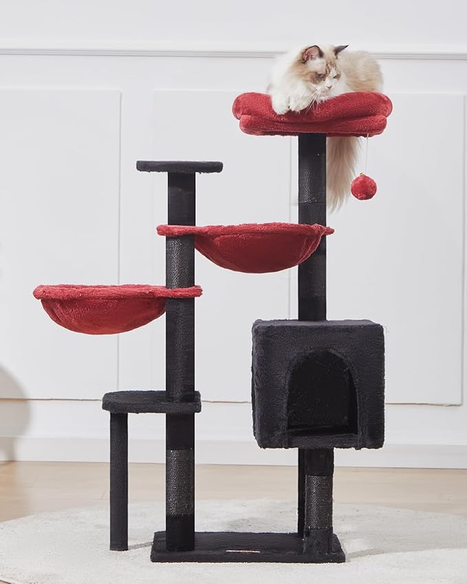 Taoqimiao Gothic Cat Tree, 39.4-Inch Cat Tower for Indoor Cats,Suitable for Kittens,Plush Cat Condo with 5 Scratching Posts, Plush Perch,2 Hammock,Pompoms, MS019BR Black and Red