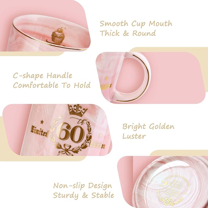 60th Birthday Gifts for Women - Fabulous 1965 Aged to Perfection Happy Birthday Mug - Limited Edition 60th Pink Coffee Mug Printed with Gold, Gift Idea for Turning 60 Years Old Women, Gift Boxed
