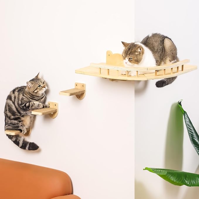Cat Shelves for Wall, 2 Pcs Cat Wall Shelves with 3 Cat Wall Steps, Wood Cat Wall Furniture Set with Plush Covered, Wall-Mounted Cat Climbing Shelves Cat Perch for Indoor Large Cat (Wood)
