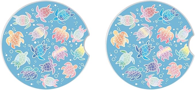 2 Pack Absorbent Car Coasters for Cup Holders,2.56" Ceramic Coasters with Cork Back and Finger Slot,Cute Sea Turtles Pattern Auto Accessories for Women & Men.