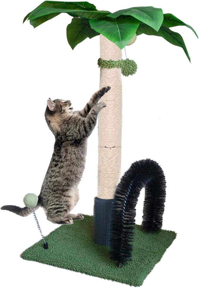29.5" Tall Cat Scratching Post, Natural Sisal Scratching Posts with Self Groomer for Indoor Large Cats Kitten Scratch Posts with Hanging Ball and Spring Ball for Adult Cats Kittens Kitty(Green)