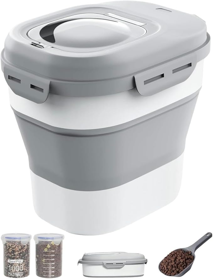 32-35 Lbs Dog Food Storage Container Collapsible Dog Food Container with Airtight Lids, Wheels, Scoop and 2pcs Food Storage Containers, Large Pet food storage for Dog, Cat