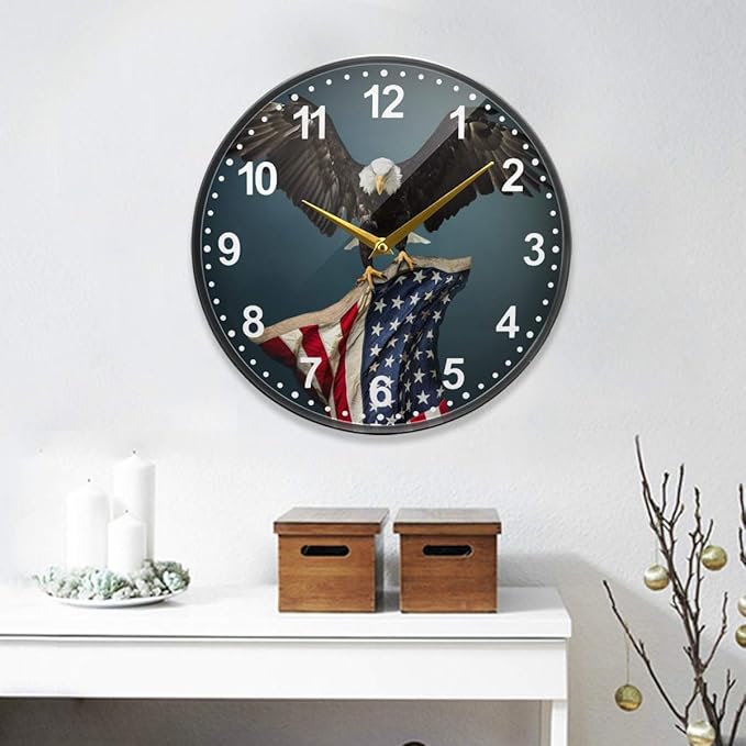 ALAZA USA Flag American Bald Eagle Wall Clock Battery Operated Silent Non Ticking Clocks for Living Room Decor 12 Inch / 9.5 Inch