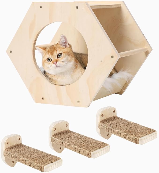 Cat Wall Shelves, Cat Shelves for Wall, Cat Wall Furniture, Cat Shelf with 3 Steps Scratcher Post, Cat Tree Hammock with Plush Wall Mounted, Climbing Shelf Wall Mount for Indoor Cats (Wood)