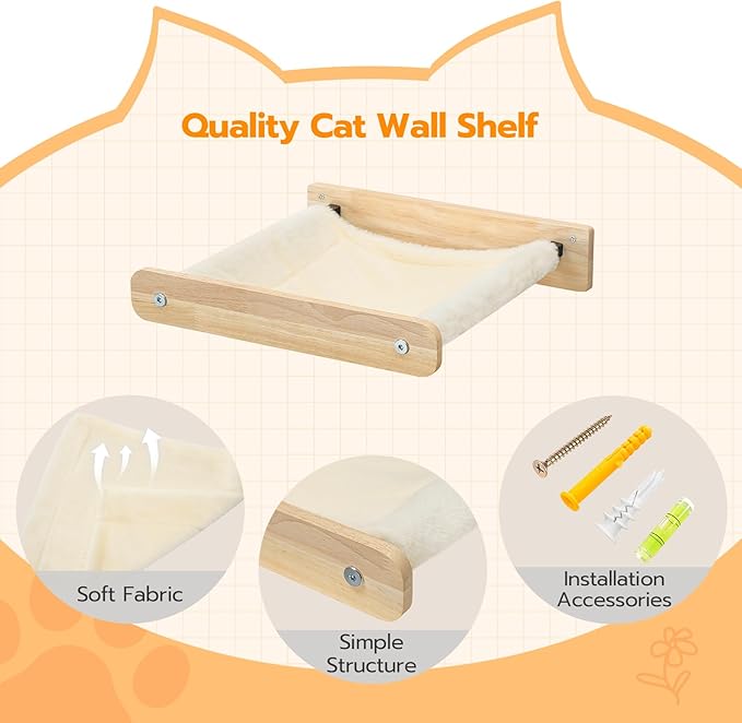 HOOBRO Cat Hammock, Cat Wall Bed with Soft Fabric, 15" L x 12.6" W, Wood Cat Wall Shelves, Easy to Install, Holds up to 40 lb, for Kitten, Medium and Large Cats, Natural NL01CS03