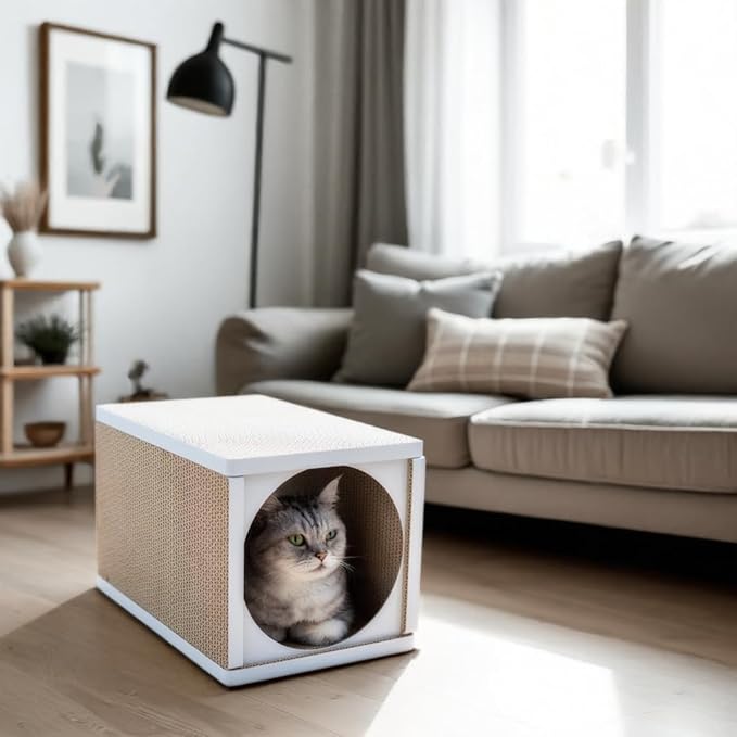 Cat Scratcher Tunnel, Cardboard cat House, Scratching Post for Indoor Cats, 360 Degree Comfort, Durable Design, Odor-Free, Easy Assembly, Perfect for Playful Kittens and Adult Cats, White