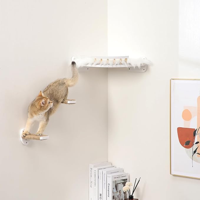 Cat Wall Shelves, Cat Shelves and Perches for Wall, Cat Wall Furniture, Corner Cat Shelf with 3 Steps Scratch Post, Cat Bed Hammock with Plush Covered, Climbing Shelf for Indoor Cats (White)