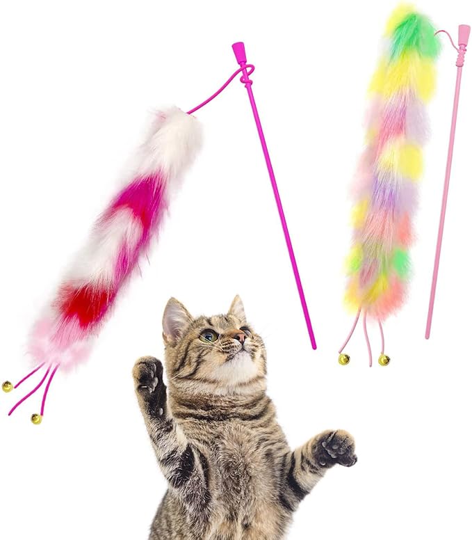 2 Pack Cat Wand Toy, Rainbow Cat Feather Toys with Bells, Cat Teaser Wand with Soft Furry Tail, Interactive Cat Toys for Indoor Cats & Kitten & Kitty