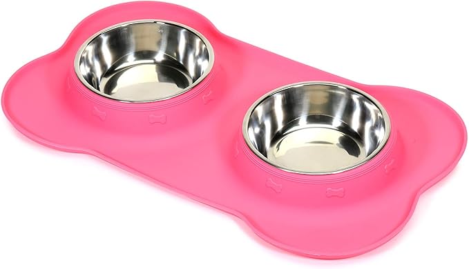 AsFrost Dog Food Bowls Stainless Steel Pet Bowls & Dog Water Bowls & Cat Bowls for Food and Water No-Spill Non-Skid Silicone Mat, Feeding Bowls with Dog Bowl Mat for Dogs Cat Dood Dish, Pink, 12oz