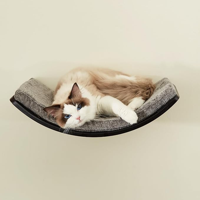 Cat Shelf with Comfortable Cat Cushion - Curved Modern Cat Bed (Large Size) - Lotus Leaf Design Cat Wall Perch - Wall Mounted Cat Furniture for Sleeping, Playing, Climbing, and Lounging, Walnut