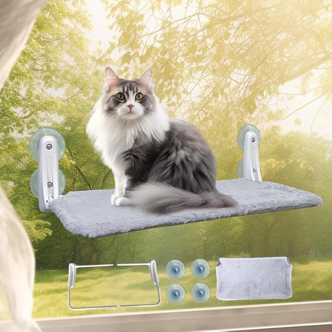 L&W BROS. Cat Window Perch Cordless Cat Hammock Easy to Assemble Without Tools in 2 Minutes, with 4 Suction Cups, Soft Reversible Cover 23.6"x 11.2" Cat Shelf Foldable Cat Beds for Indoor Cats (L 1Pc)