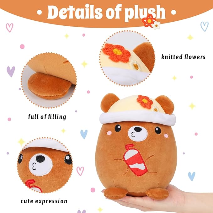 AIXINI Cute Brown Bear Plush Pillow 8" Stuffed Animal, Soft Kawaii Bear Plushie with Hat Outfit Costume Gift