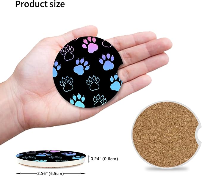 2 Pack Absorbent Car Coasters for Cup Holders,Ceramic Coasters with Cork Back and Finger Slot, Auto Accessories for Women & Men,2.56"(Gradient Black Dog paw Print)