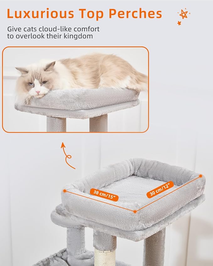 Taoqimiao Cat Tree, 51-Inch Cat Tower for Kittens, Cat Tree Tower with 5 Scratching Posts, Plush Cat Condo with Plush Perch, 2 Hammock, Pompoms, Light Gray MS019XL-W